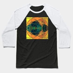 Mosaic Kaleidoscope Flower Blue Green Orange and Yellow Baseball T-Shirt